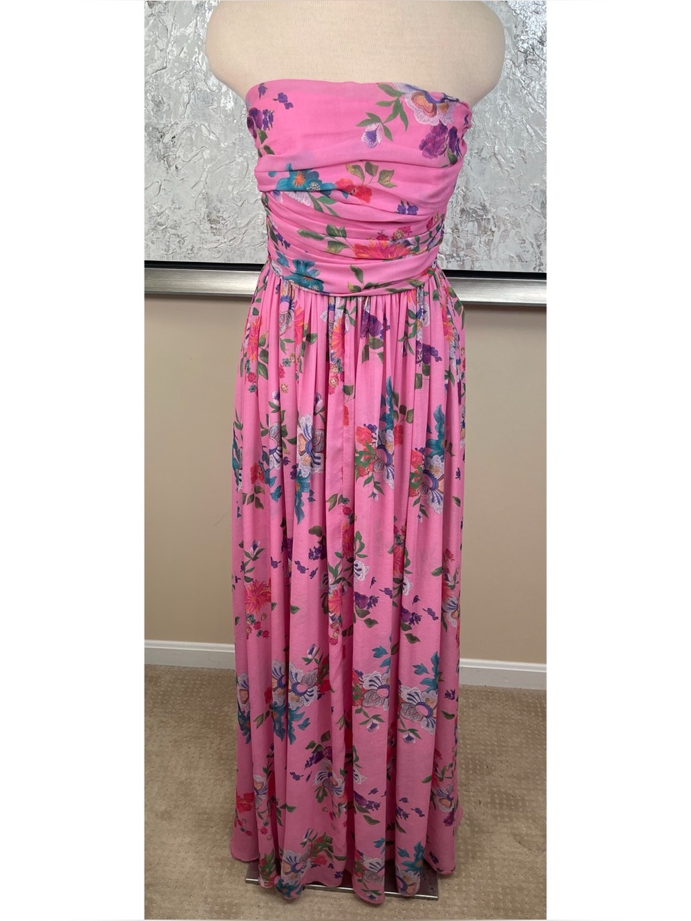 SAU LEE Camille Strapless Floral Ruched Pink Maxi Dress Size 6 - Picture 3 of 11